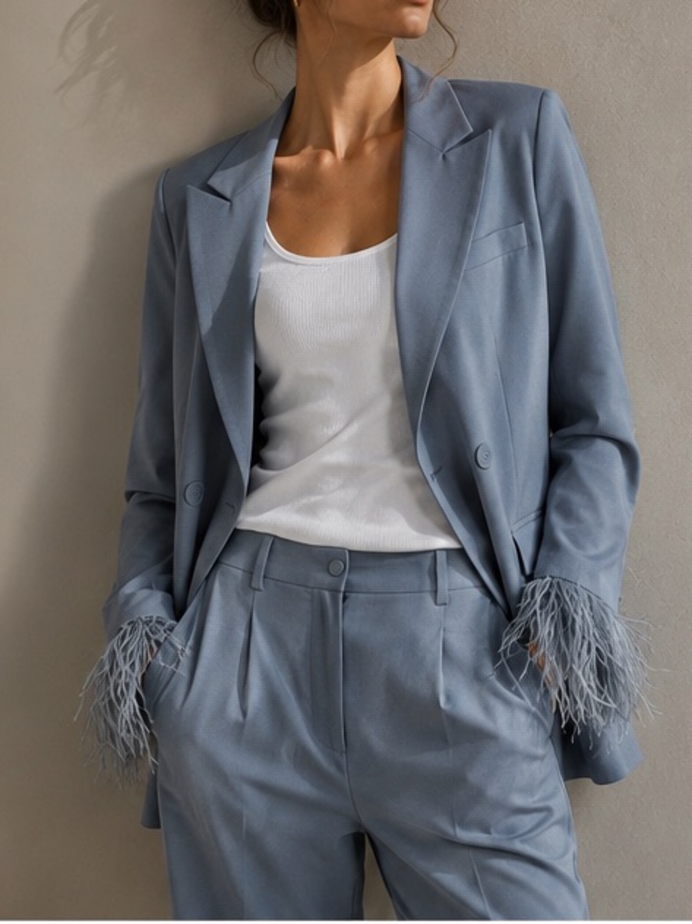 TWINSET Milano Gray Double-Breasted Suit Set w/ Feather Cuffs NWT